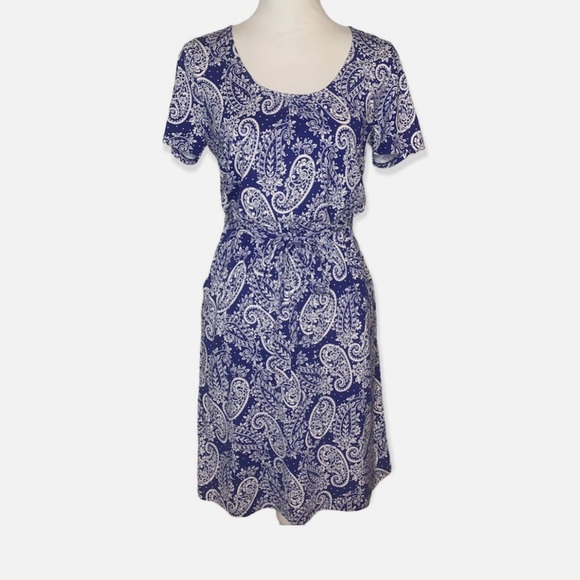 +FREE🎁 Boden Elspeth Jersey Dress Lapis Blue & White Mexican Paisley - size 12 - Picture 7 of 16